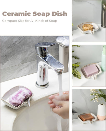 Self Draining Soap Dish, Ceramic Drain Soap Holder Waterfall Design Soap Saver for Shower, Bathroom, Sink, Kitchen and Countertop, Keeps Dry, Green