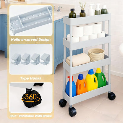 ShellKingdom 4 Tier Bathroom Storage Organizer, Slim Rolling Storage Cart for Narrow Space, Mobile Shelving Unit with Lockable Wheels and Hooks for Bathroom, Kitchen, Laundry Movable Shelf (Green)