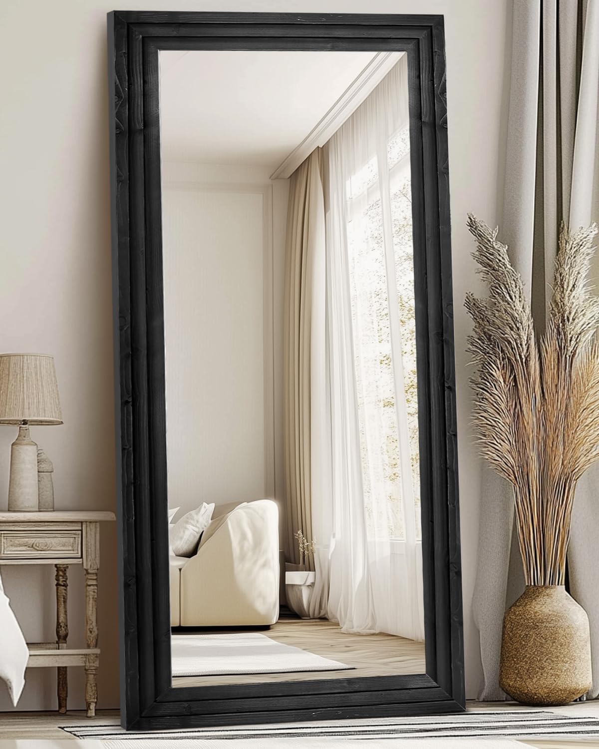 Full Length Mirror 65"x22" with Stand Solid Wood Frame Floor Large Mirror for Living Room, Bedroom Hanging Standing or Leaning Wall-Mounted, New Black