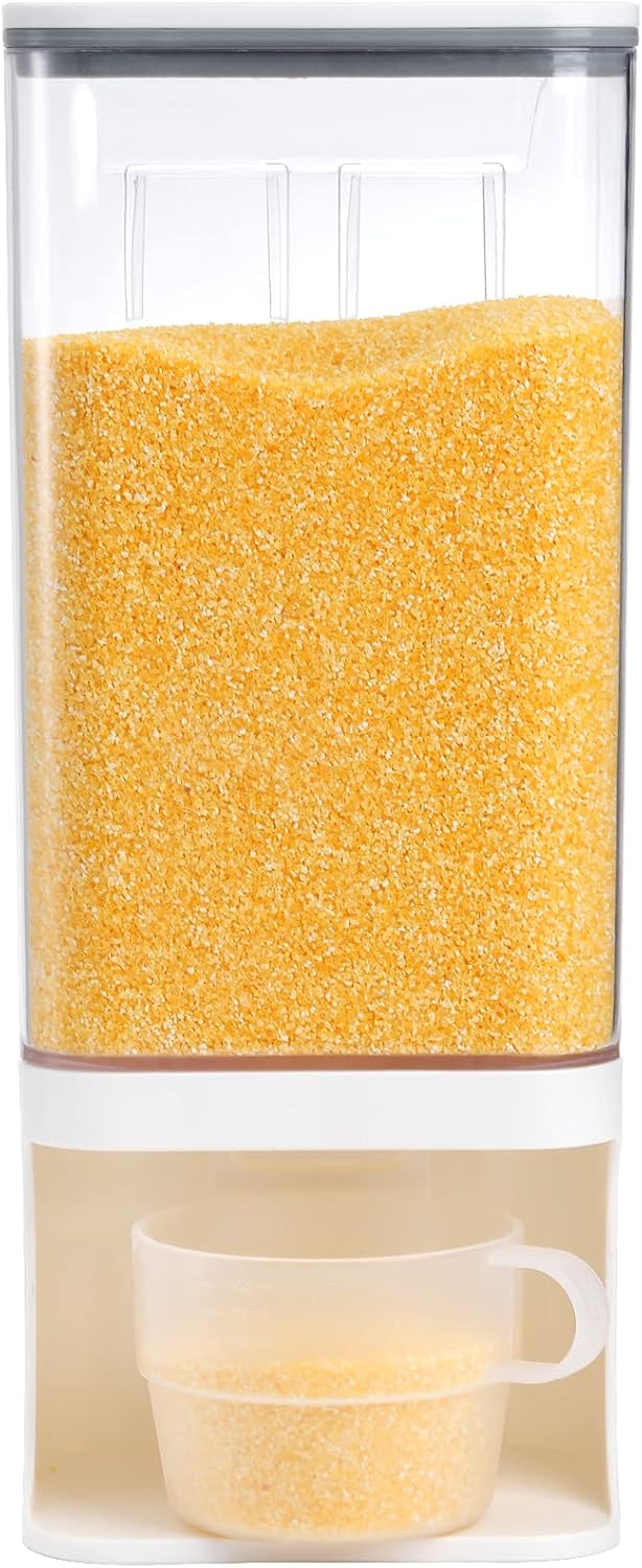 AVLA Rice Dispenser, Wall-Mounted Laundry Detergent Container, Cereal Dry Food Storage Bucket with Measuring Cup, Kitchen Grain Organizer with Lid, BPA-Free, for Beans, Laundry Scent Bead, Pet Food