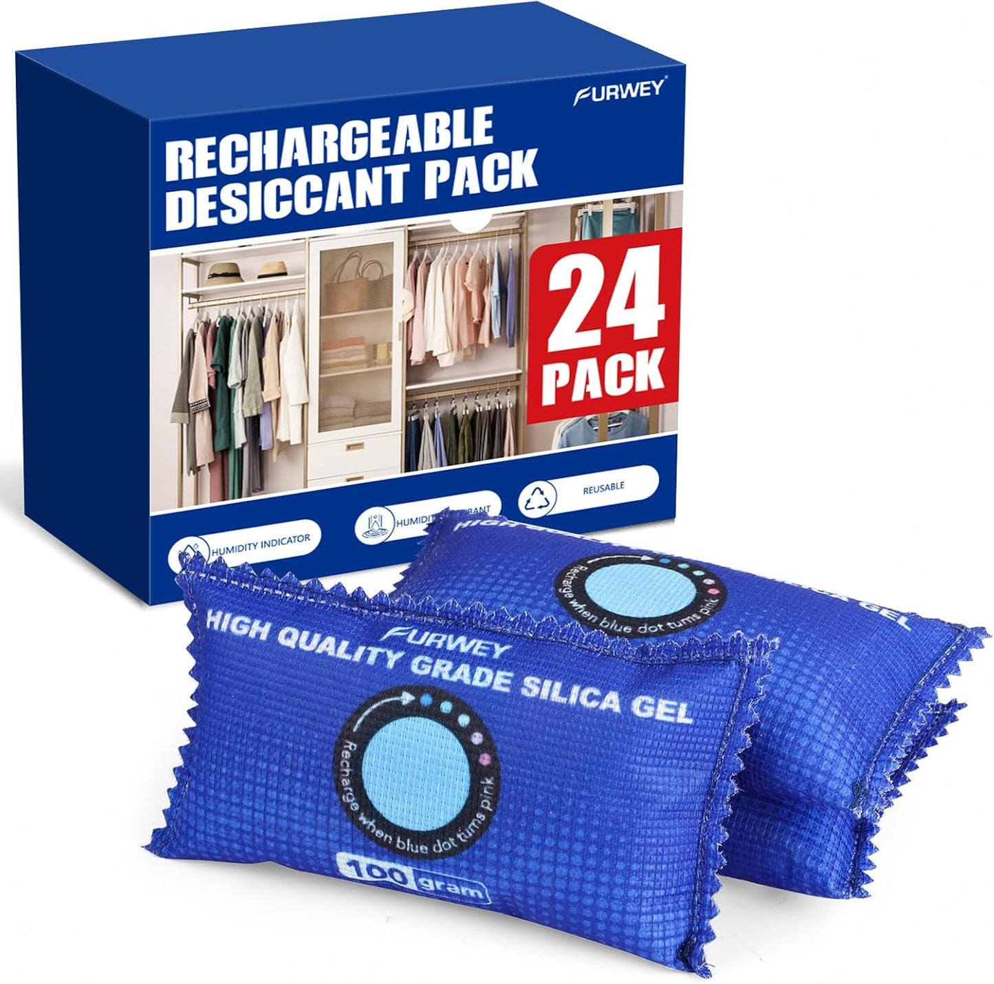 FURWEY 2 Pack Rechargeable Desiccant Packs, 100g Each, Blue, Color Indicating Silica Gel Dehumidifier Bags for Storage, Closets, Cars, Bins