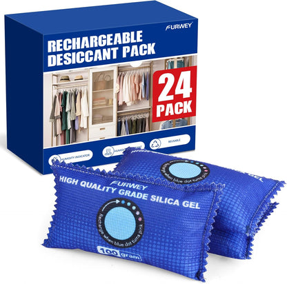 FURWEY 2 Pack Rechargeable Desiccant Packs, 100g Each, Blue, Color Indicating Silica Gel Dehumidifier Bags for Storage, Closets, Cars, Bins