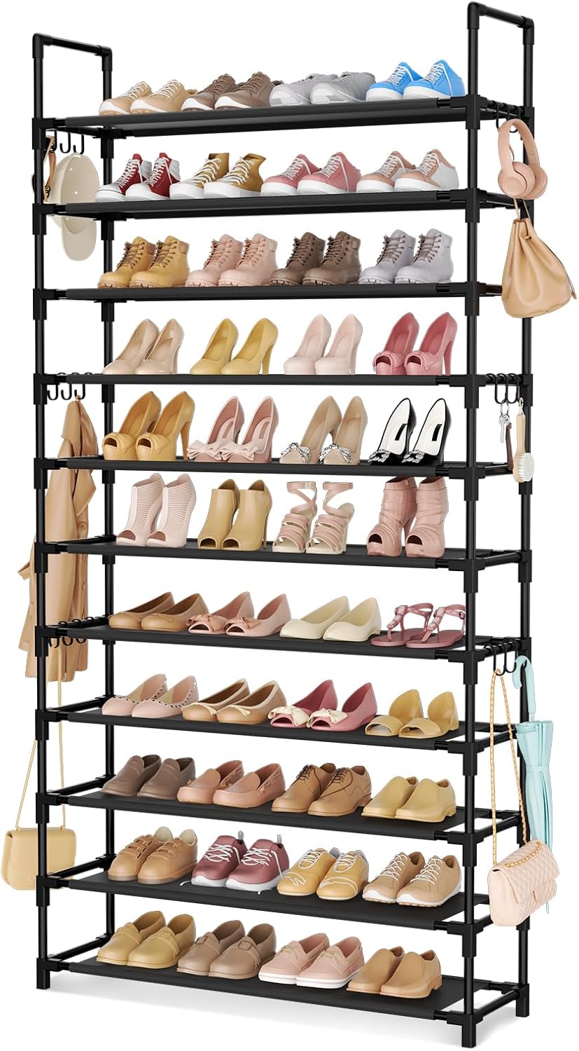LANTEFUL 10 Tiers Shoe Rack 50 Pairs Large Capacity Tall Shoe Organizer Sturdy Shoe Storage with Two Hooks Space Saving Metal Wide Shoe Rack for Closet, Entryway, Bedroom, Black