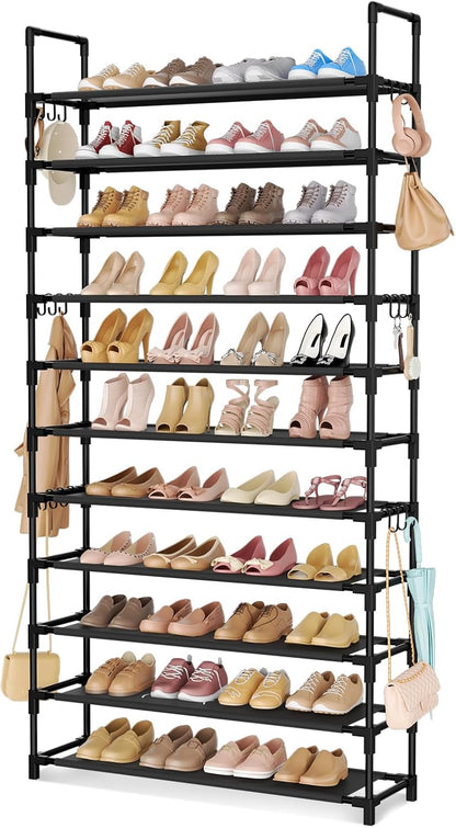 LANTEFUL 10 Tiers Shoe Rack 50 Pairs Large Capacity Tall Shoe Organizer Sturdy Shoe Storage with Two Hooks Space Saving Metal Wide Shoe Rack for Closet, Entryway, Bedroom, Black