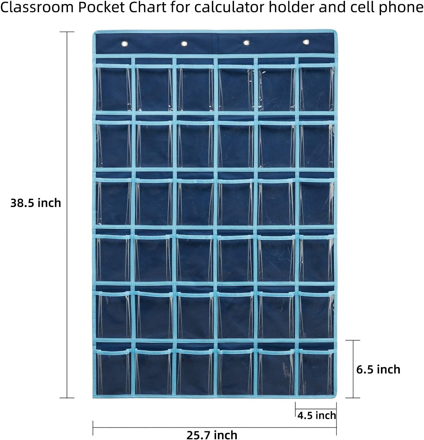 SAVERHO 36 Clear Pockets Classroom Pocket Chart for Cell Phone and Calculator Holder, Door Hanging Pocket Chart for Classroom Phone Holder with Number Sticker and Hooks (Blue)