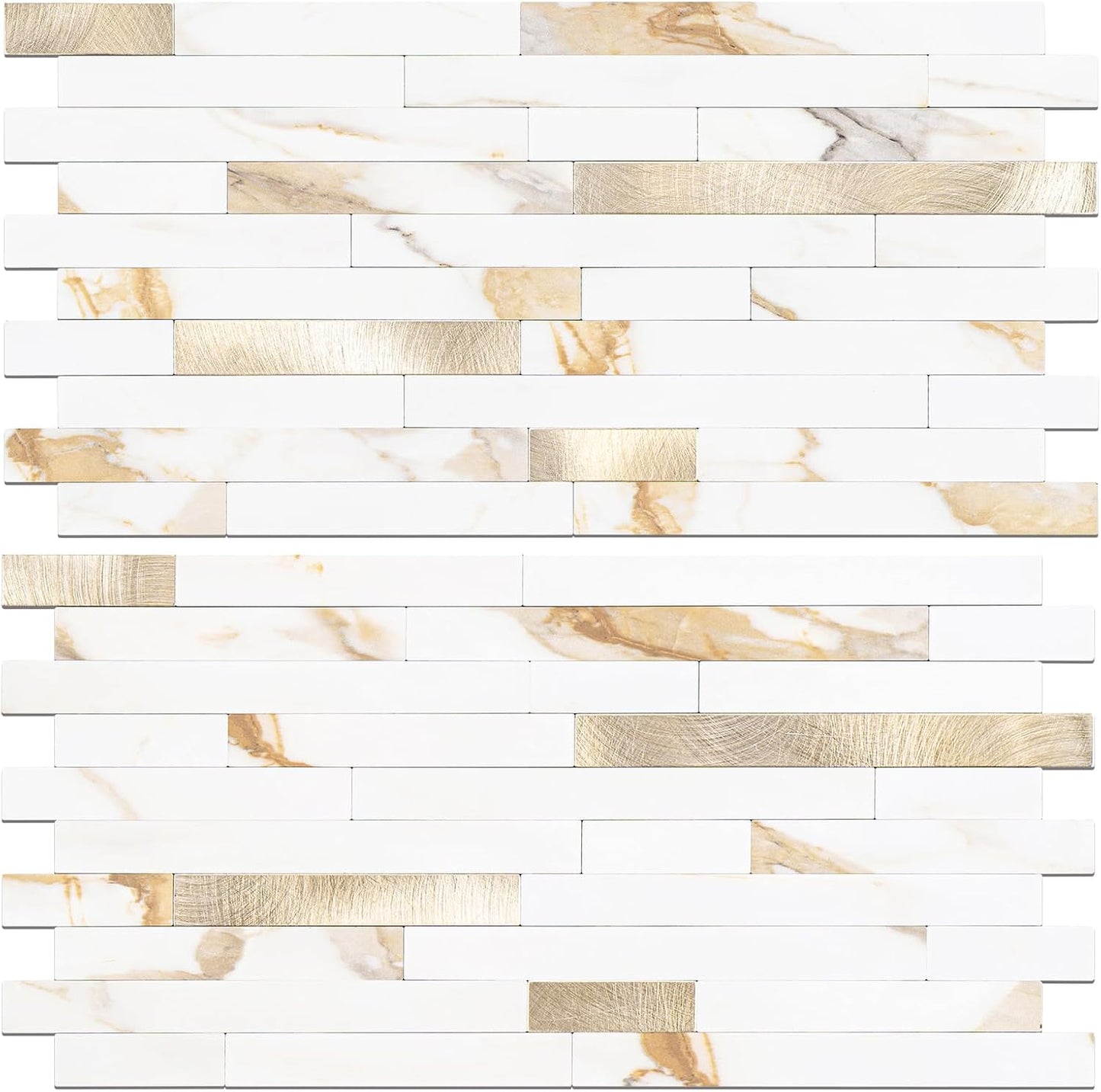 STICKGOO 20 Sheets Peel and Stick Backsplash Tile, Stick on Backsplash for Kitchen and Bathroom, White Sandstone Look PVC Mixed Metal Gold Self Adhesive Wall Tiles