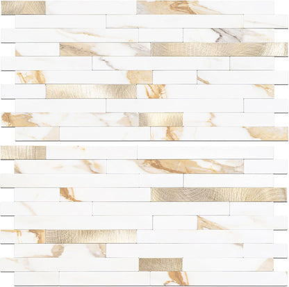STICKGOO 20 Sheets Peel and Stick Backsplash Tile, Stick on Backsplash for Kitchen and Bathroom, White Sandstone Look PVC Mixed Metal Gold Self Adhesive Wall Tiles
