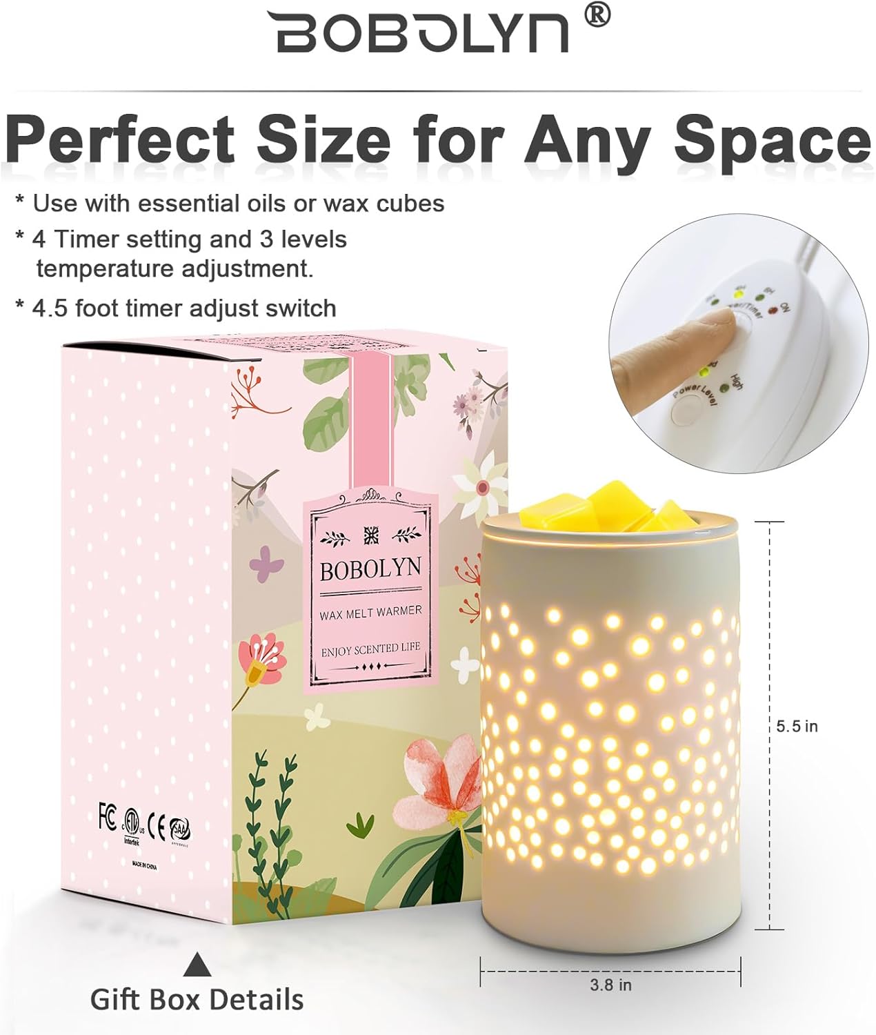 Bobolyn Wax Melt Warmer with Timer Ceramic Electric Candle Warmer Lamp with Timer and Dimmer for Scented Melts Wax Burner Fragrance Wax Melter for Home Office Bedroom Decor Gift for Mom Women