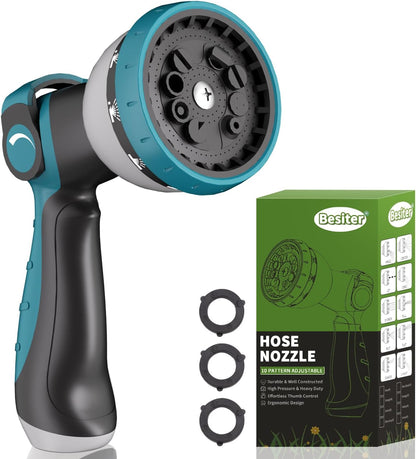 Besiter Garden Hose Nozzle Sprayer: 2 Pack 10 Watering Patterns Spray Nozzles Heavy Duty Metal Hose Head Hose Attachment, Thumb Control On Off Valve