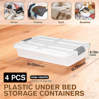 4 PCS*49 Qt Wheeled Latching Under Bed Storage, Double Opening Lids Stackable Bin with Latch Lid, Plastic Container to Organize Shoes Underbed, Clear with White Lid(White)