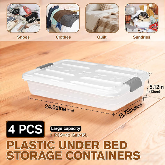 4 PCS*49 Qt Wheeled Latching Under Bed Storage, Double Opening Lids Stackable Bin with Latch Lid, Plastic Container to Organize Shoes Underbed, Clear with White Lid(White)