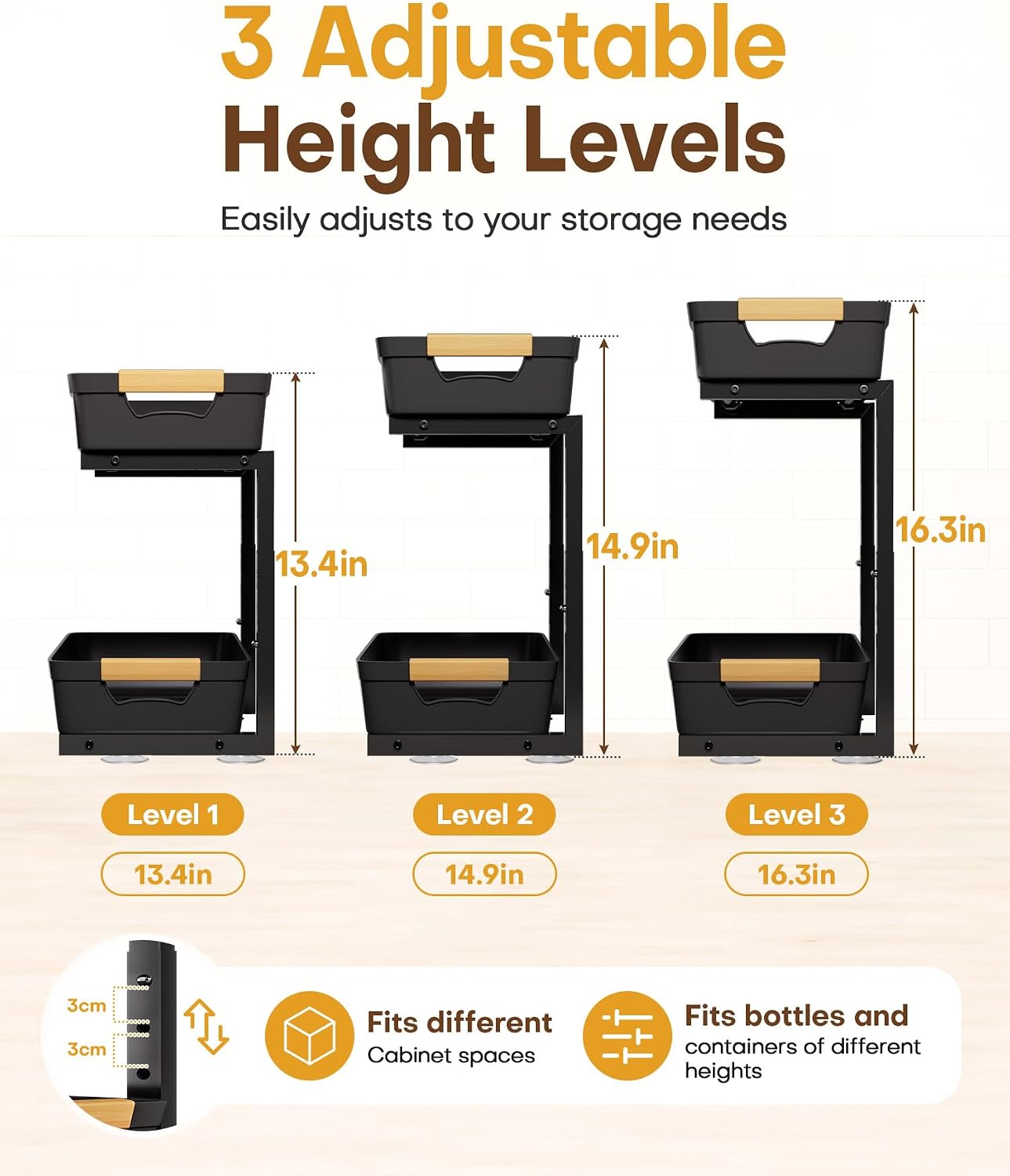 Homde Sliding Under Sink Organizer: 2 Pack 2-Tier Cabinet Shelf with Upper & Lower Pull-Out Baskets - C-Shaped 3 Adjustable Heights for Kitchen Bathroom