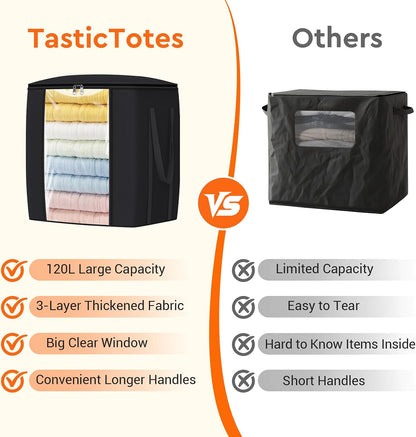 TasticTotes 120L Extra Large Clothes Storage Bags, Foldable Blanket Storage and Organization, Thick Fabric Containers with Reinforced Handles & Zippers for Clothing, Comforters, Bedding, Gray, 1 Pack