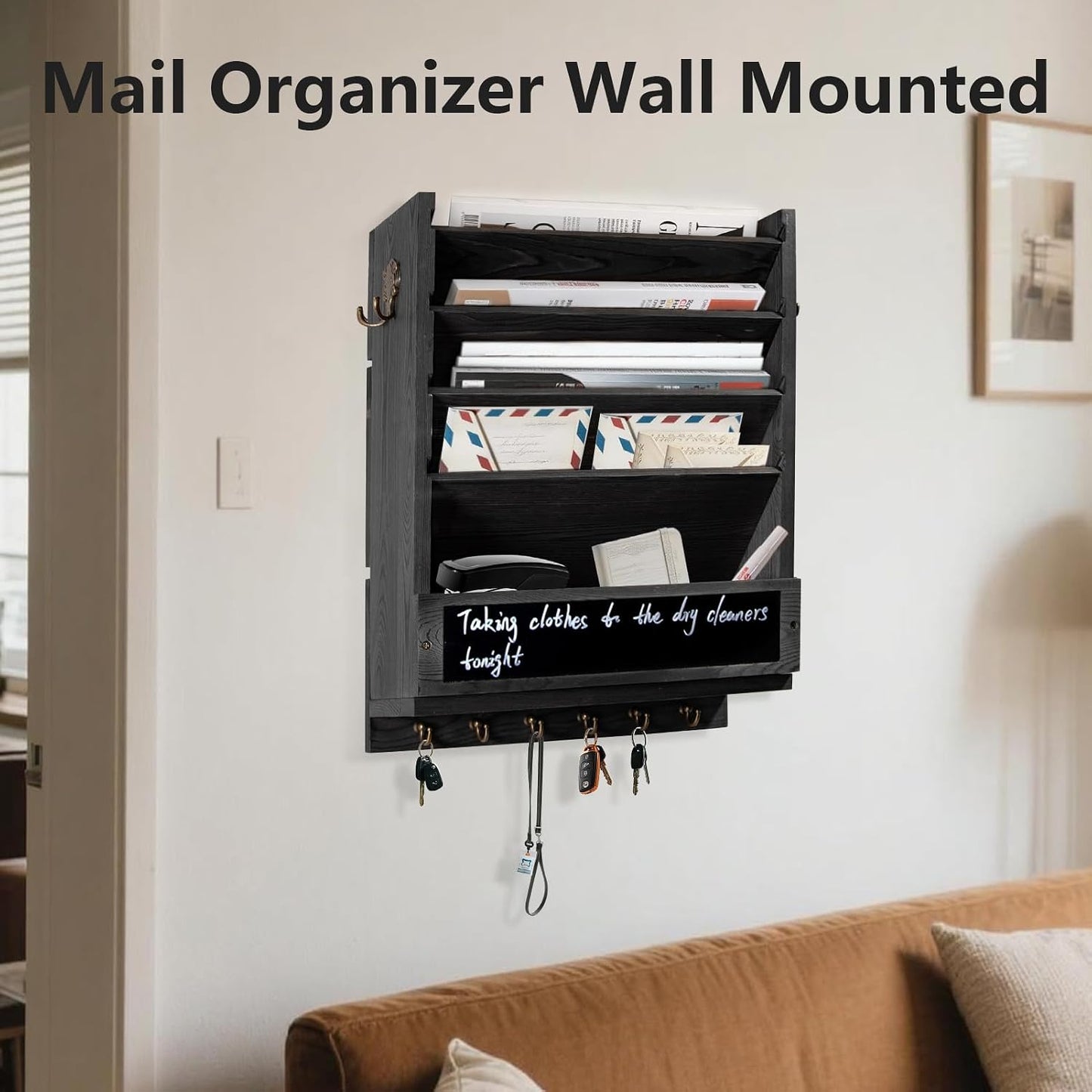 Rustic wall mail organizer,Key and Mail File Holder for Wall Mount，with 6 Key Hooks 2 Double Key Hooks A blackboard,for Home,Office, Classroom,Entryway Decor (brown)