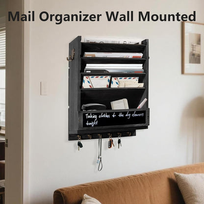Rustic wall mail organizer,Key and Mail File Holder for Wall Mount，with 6 Key Hooks 2 Double Key Hooks A blackboard,for Home,Office, Classroom,Entryway Decor (brown)