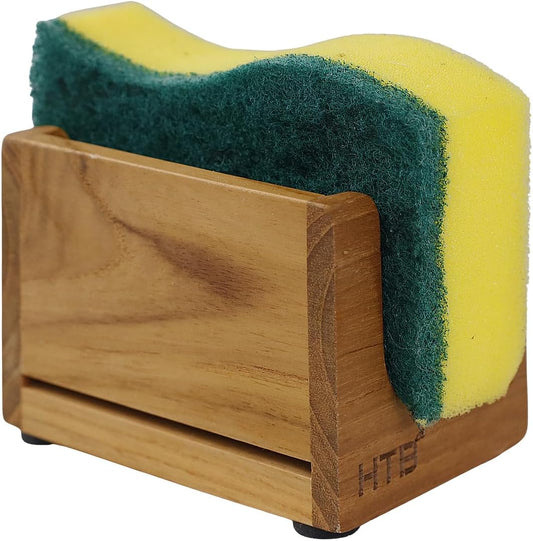 HTB Sponge Holder for Kitchen Sink,Teak Wood Dish Sponge Caddy Rack Tray Stand with Drain,Kitchen Sink Storage Organizer Countertop