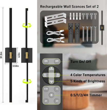 iThird Battery Operated Wall Sconces Set of 2: 10000mAh Rechargeable Wall Lights with Remote Control, 360° Rotate Wireless Wall Scone Decor for TV/Mirror Bedroom Living Room, 31.5 Inch, Black