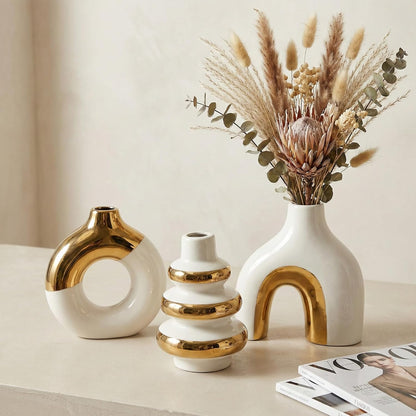 White Ceramic Vase Set of 3, Small Flower Vases for Pampas Grass, Modern Boho Vase for Decor, Round White Vases Centerpieces for Wedding Living Room Bedroom Coffee Table Dinner Table