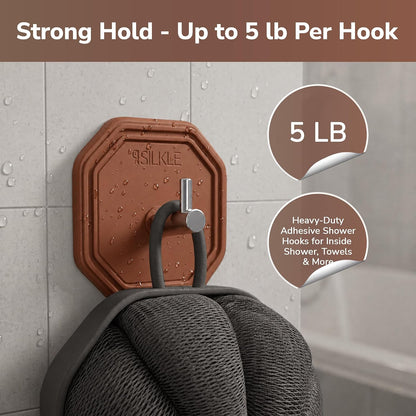 SILKLE Adhesive Silicone Shower Hooks - Adhesive Wall Hooks & Towel Holder for Bathroom, Tile, Glass, No-Drill, Waterproof & Rustproof, Heavy-Duty Stainless Steel, Damage-Free Removal - 2 Pack, Brown