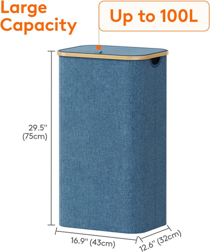 Lifewit 120L Laundry Basket with Lid, Clothes Hampers for Laundry with Bamboo Handles and 2 Removable Bag, Large Foldable Laundry Hamper for Bedroom, Bathroom, Dorm, Laundry Room, Beige