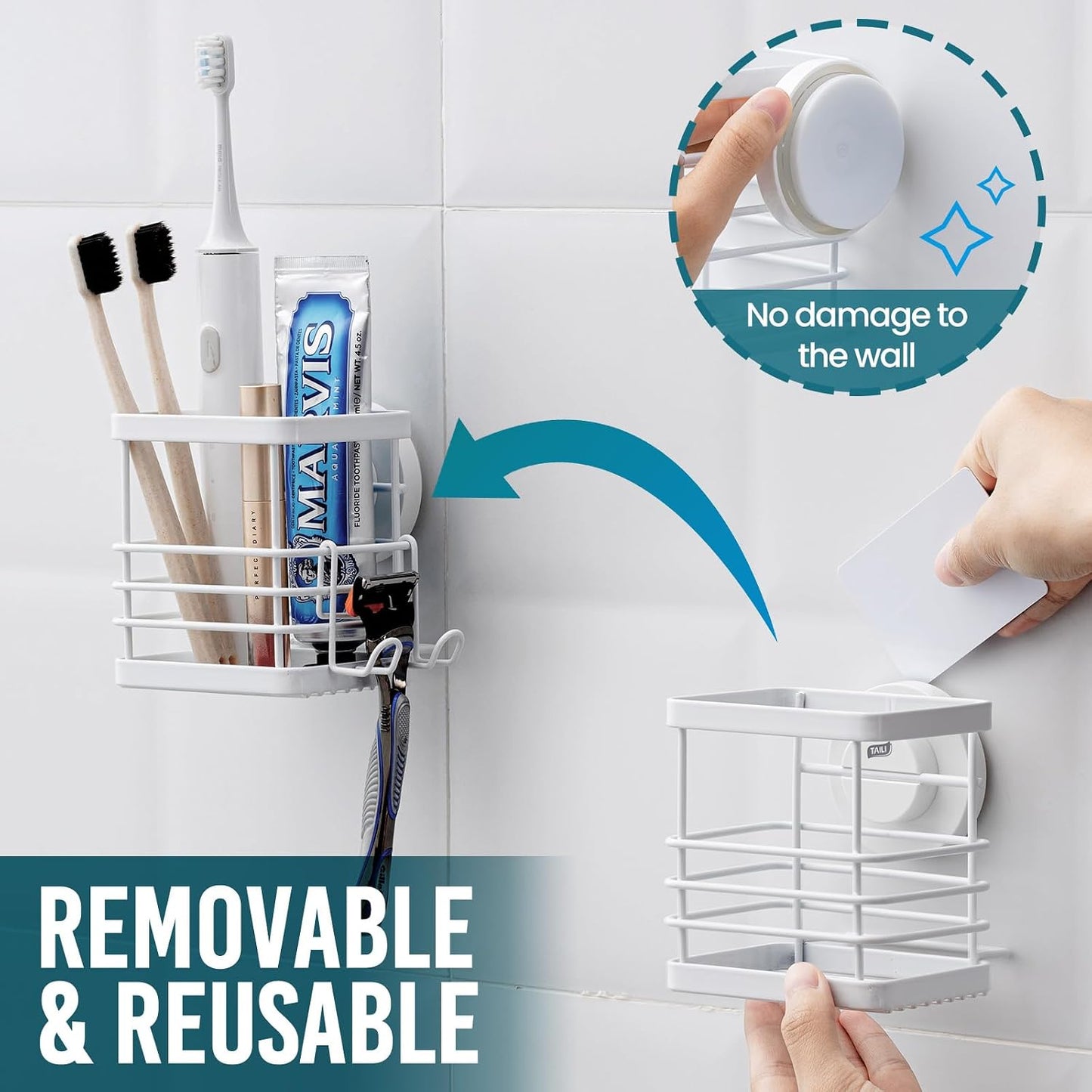 TAILI Upgraded Bathroom Mirror Suction Cup Toothbrush Holder with Razor Hook, Visible Safety Indicator, Large Capacity Inverted Trapezoid Design, Removable Shower Caddy for Toothbrush, Toothpaste, etc
