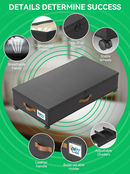Under Bed Storage with Wheels, 2-Pack 58L Under the Bed Storage Containers with Lids, 1-Pack 15L Box, Organizer Bins Rolling Underbed Storage for Clothes, Underwear, Socks, Shoes - Delicate