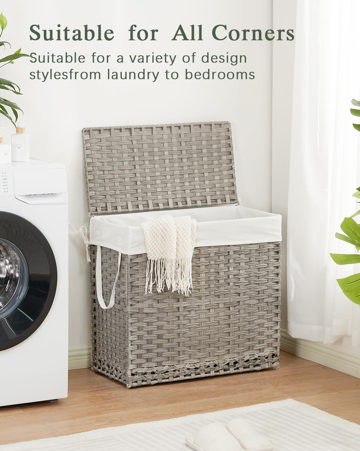 SETVSON Laundry Hamper with Lid Laundry Basket 132 L (35 Gal) Wicker Clothes Hamper, Handwoven Rattan Hamper with Handles and 4 Removable Liner Bags, 6 Mesh Bags for Laundry Bedroom Natural