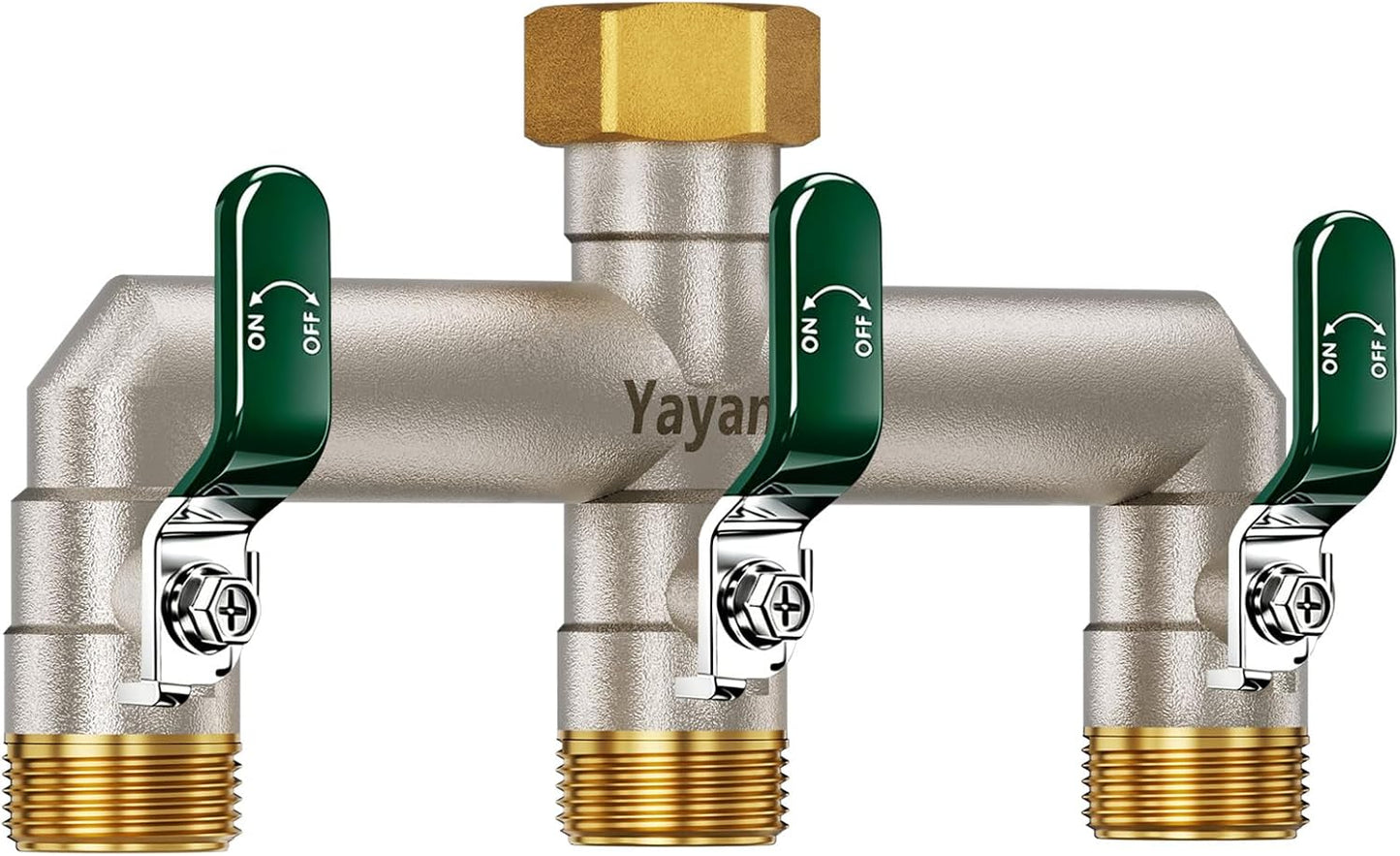 Garden Hose Splitter 3-Way, Heavy Duty Brass Hose Splitter | Outdoor Water Spigot Splitter, Full Flow, Long Handles, Shut-off Valves, Wide Spacing Fit Large Timer