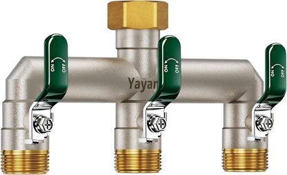 Garden Hose Splitter 3-Way, Heavy Duty Brass Hose Splitter | Outdoor Water Spigot Splitter, Full Flow, Long Handles, Shut-off Valves, Wide Spacing Fit Large Timer