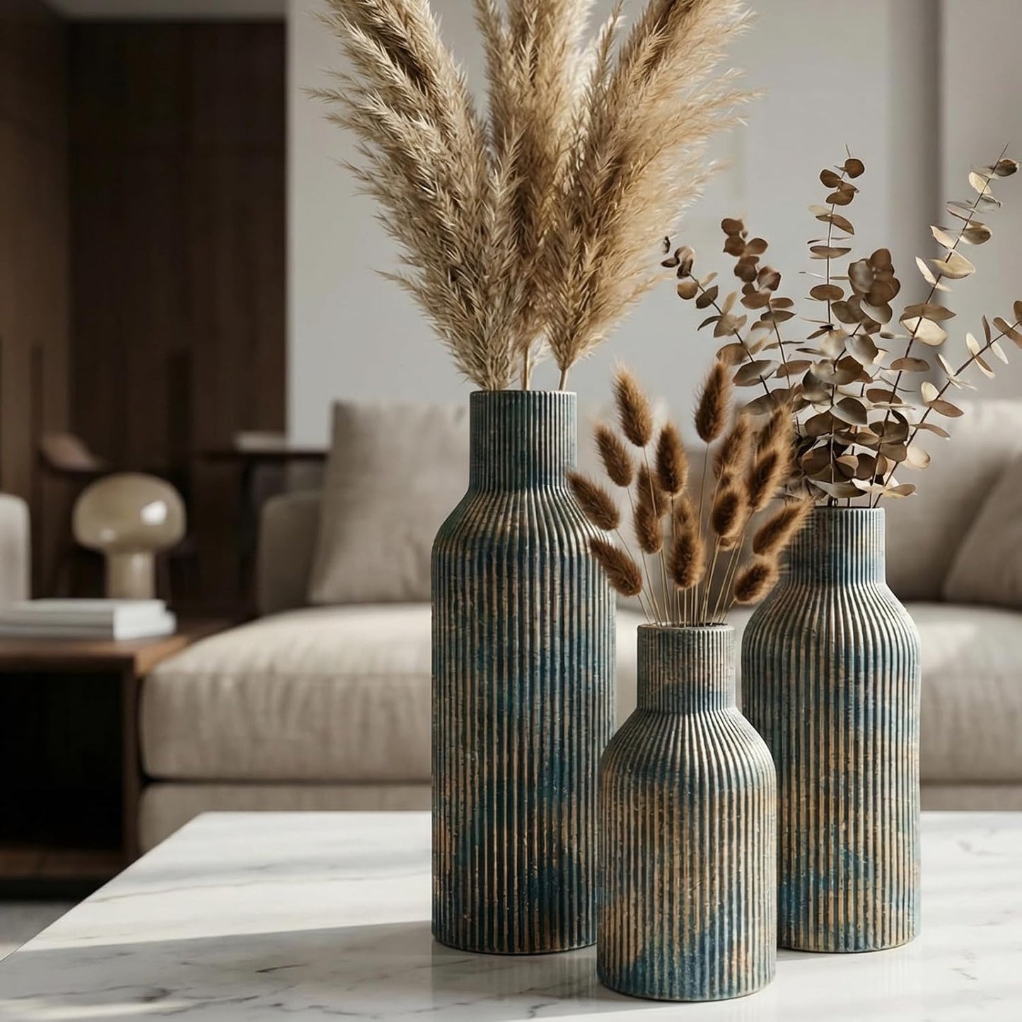 White Ceramic Flower Vases Set of 3, Modern Matte Vertical Ribbed, Nordic Minimalist Decor for Pampas, Dried & Fresh Flowers, Centerpiece for Living Room, Shelf, Entryway, Wedding,Office