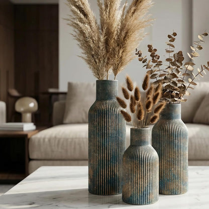 White Ceramic Flower Vases Set of 3, Modern Matte Vertical Ribbed, Nordic Minimalist Decor for Pampas, Dried & Fresh Flowers, Centerpiece for Living Room, Shelf, Entryway, Wedding,Office