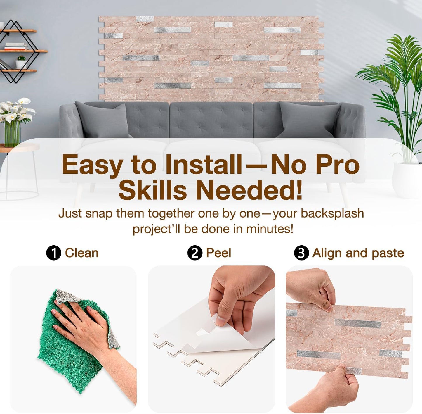 Peel and Stick Backsplash Tile Waterproof Removable PVC Wall Sticker 3D Faux Stone Marble Brick White Accent Panels (White Marble - Metal Silver, 20 Tiles - 9 sq. ft. (0.84 M²))