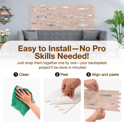 Peel and Stick Backsplash Tile Waterproof Removable PVC Wall Sticker 3D Faux Stone Marble Brick White Accent Panels (White Marble - Metal Silver, 20 Tiles - 9 sq. ft. (0.84 M²))