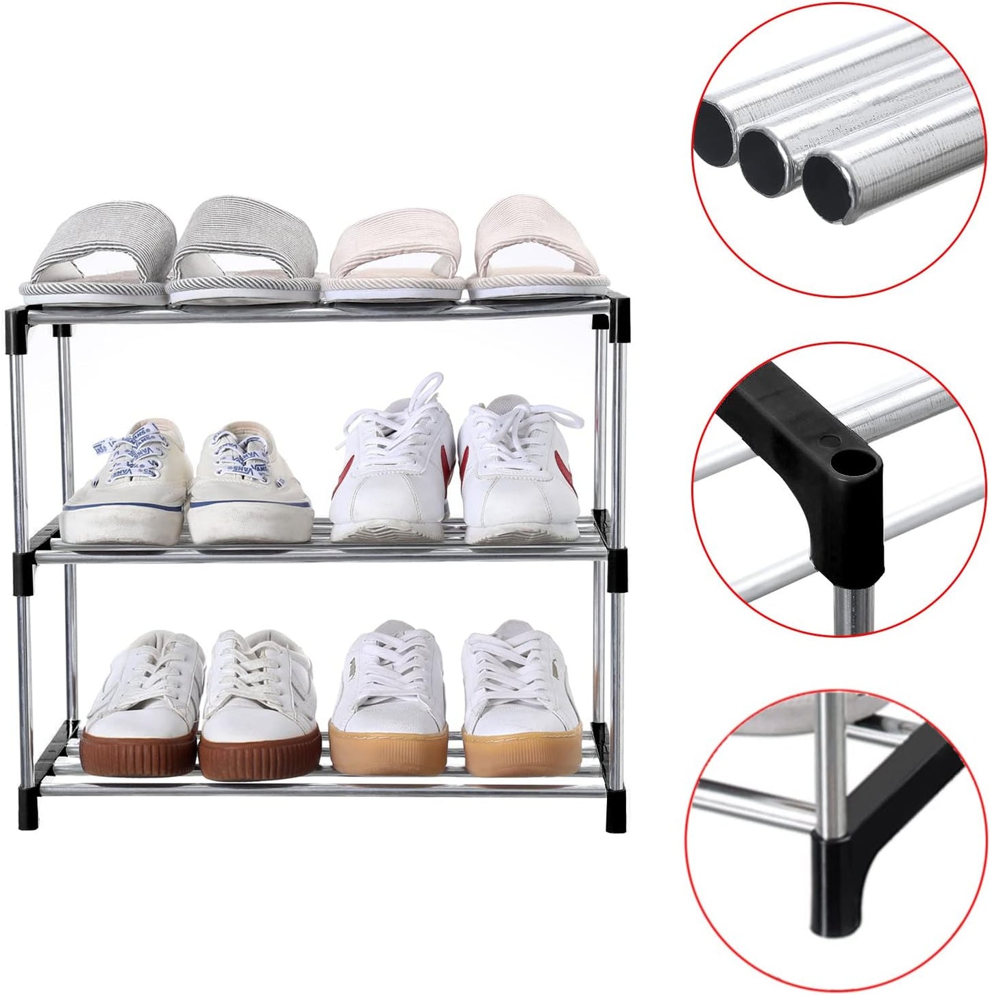 Jucaifu Stackable Small Shoe Rack, Entryway, Hallway and Closet Space Saving Storage and Organization (3-Tier, White)