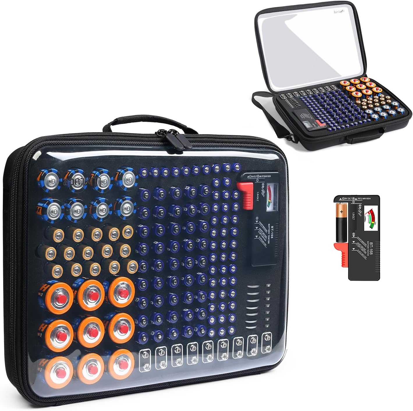 Luxtude Battery Organizer Storage Case with Tester, Clear Battery Storage Organizer, Hard Batteries Holder, Portable Batteries Case Organizers, Drawer Daddy (Batteries No Included)