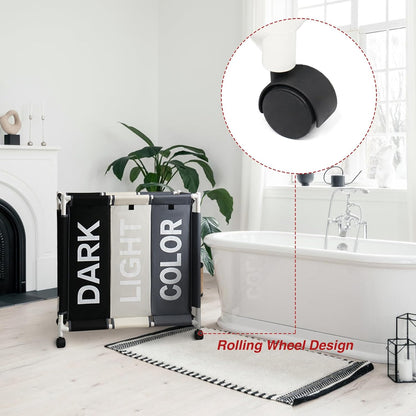 Laundry Basket 3 Section Freestanding Laundry Hamper Dirty Clothes Basket Sorter with Lid and Rolling Wheel, White+Dark+Grey