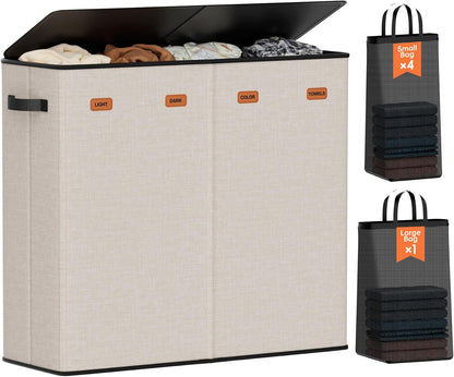 185L Laundry Hamper 3 Section, Laundry Hamper with Lid, Dirty Clothes Hamper with 3 Removable Washing Bags, Extra Large Laundry Basket Organizer for Bedroom, Laundry Room, Dorm - Black