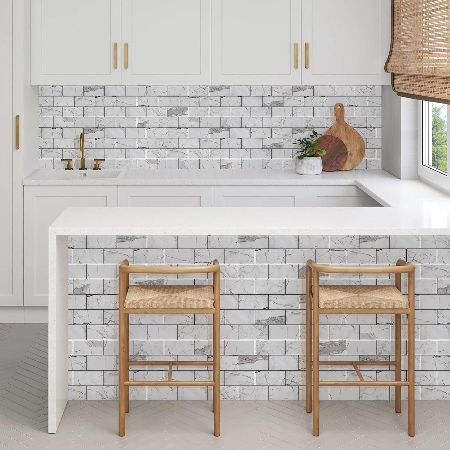 Vamos Tile 100-Piece Glossy Dolomite White Peel and Stick Backsplash Tile,3''x6'' PVC Subway Tile with White Grout, Stick on Backsplash for Kitchen/Bathroom/Fireplace