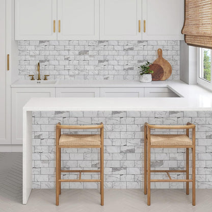 Vamos Tile 100-Piece Glossy Dolomite White Peel and Stick Backsplash Tile,3''x6'' PVC Subway Tile with White Grout, Stick on Backsplash for Kitchen/Bathroom/Fireplace