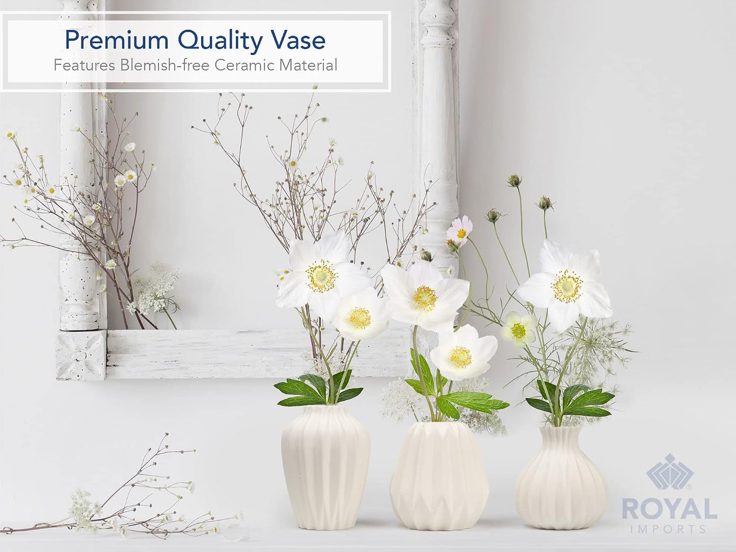 Royal Imports Ceramic Bud Vase, Small Single Stem Flower or Rose Centerpiece, Mini Decorative Floral Holder, Rustic Farmhouse Home Decor, Kitchen, Fireplace, Shelf - White - Set of 3