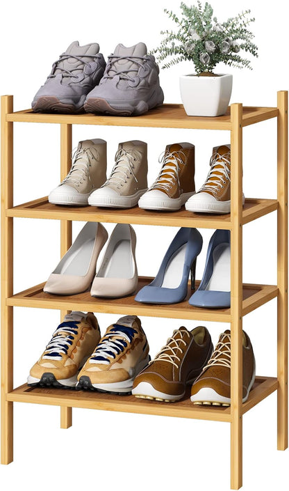 kiplant Small Shoe Rack, 4-Tier Bamboo Wood Shoe Rack for Entryway, Stackable Shoe Organizer for Hallway Closet, Free Standing Shoe Racks for Indoor & Outdoor