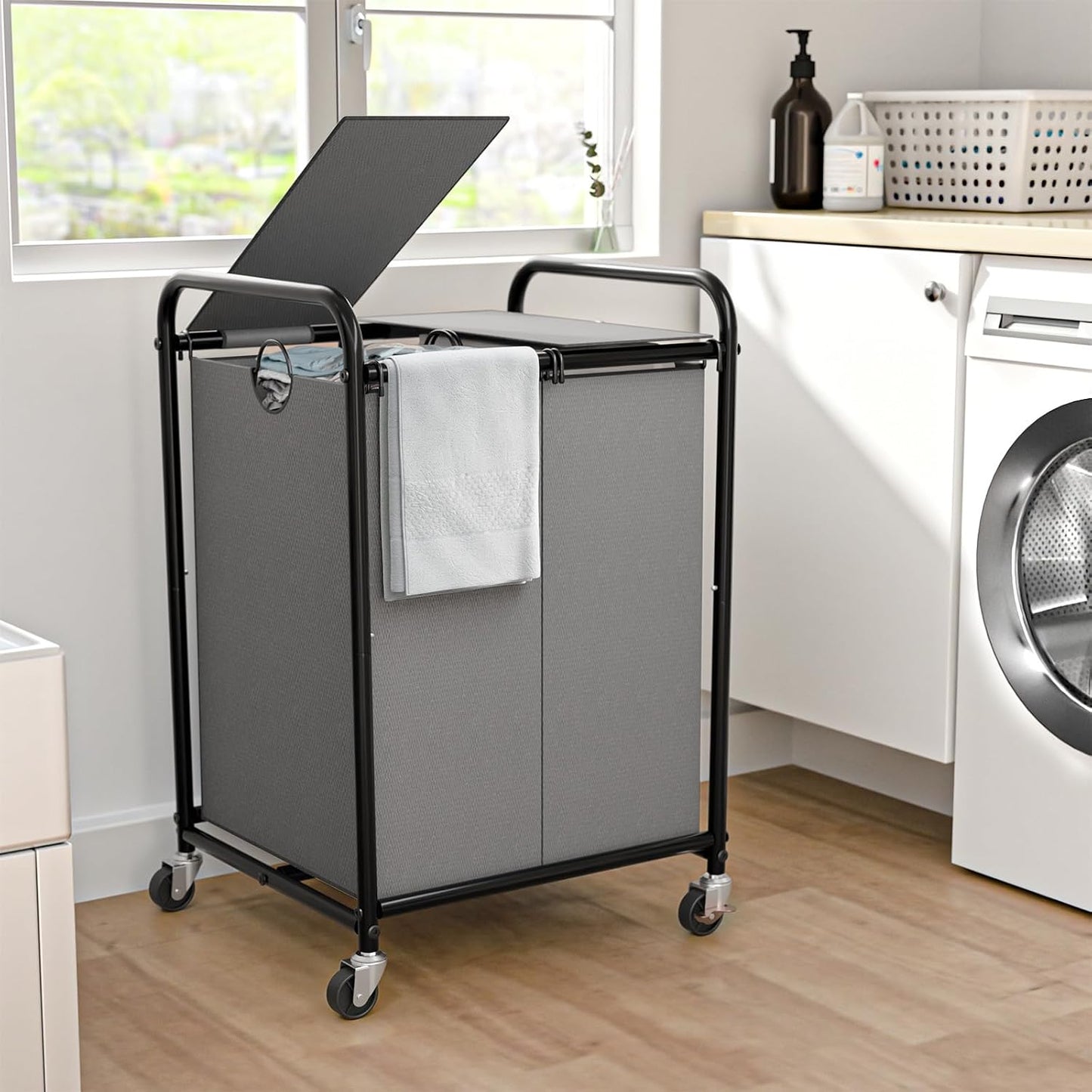 180L (47.55 Gal) Laundry Sorter 3 Section, Rolling Laundry Basket with Lockable Wheels and Lid, Laundry Hamper with 3 Separated Removable Bags Dirty Clothes Hamper for Laundry Room Organizer, Black