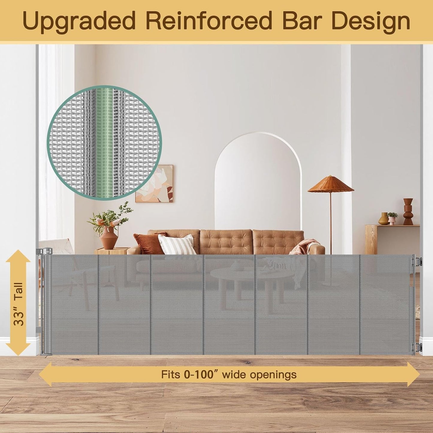 Reinforced 55" Wide Retractable Baby Gates with Reinforced Strips, Indoor/Outdoor Retractable Dog Gate for Doorway Prevent Bottom Drilling Through, No Bottom Bar Safety Mesh Baby Gate for Stair, Black