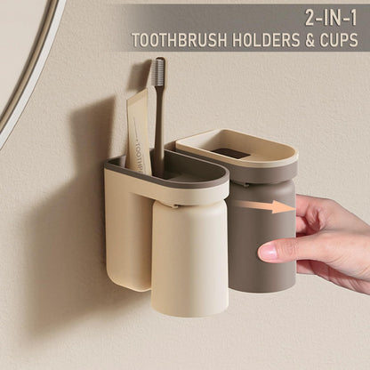 Toothbrush Holder Wall Mounted with Cup,2-in-1 Toothbrush Holders & Cups Set,Inverted Design for Easy Cleaning and draining,Stick-on Toothbrush Holder for Bathroom (4 Pack)