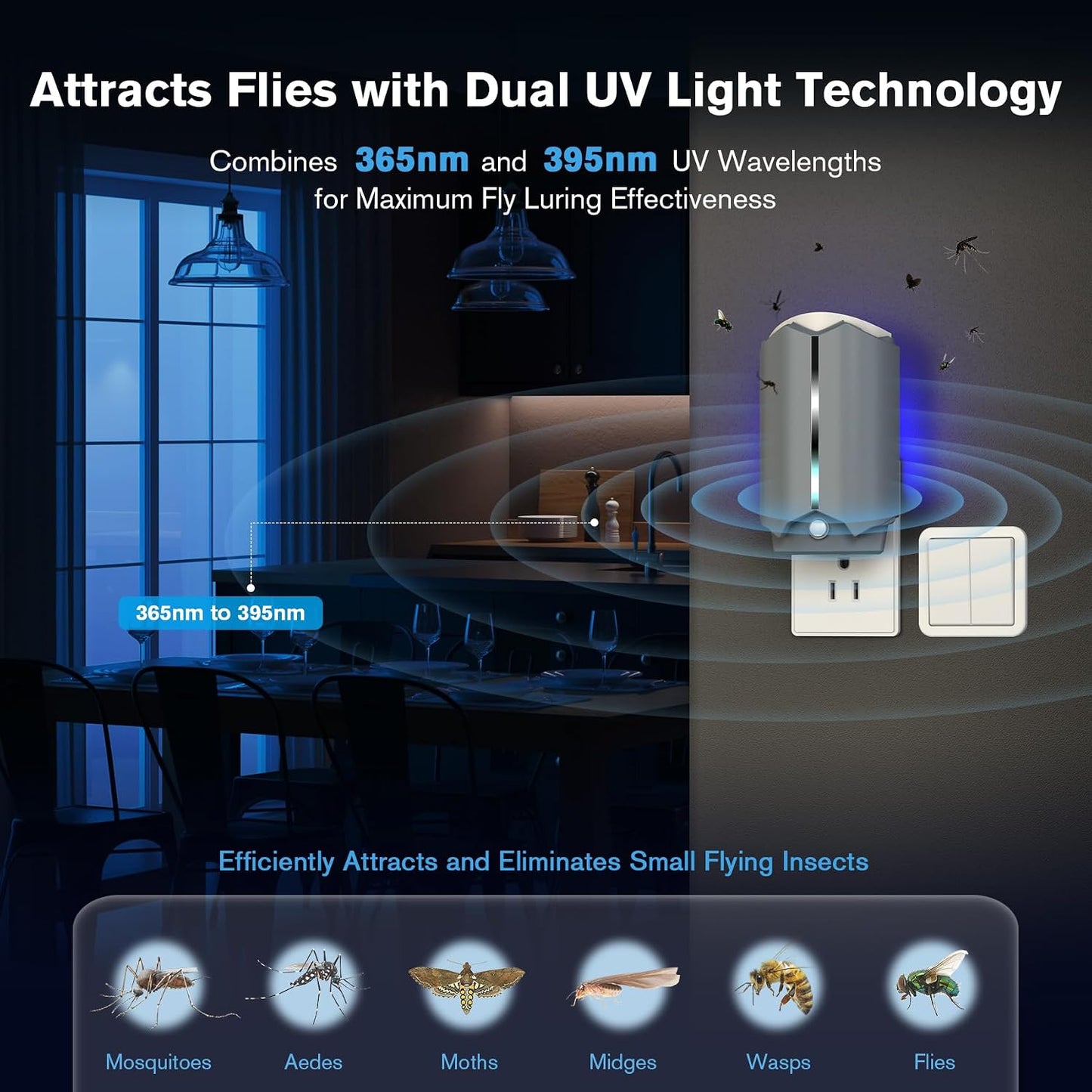 Indoor Fly Trap with UV Light, 2 Plug-in Flying Insect Traps and 6 Sticky Refills, Safe & Quiet Bug Catcher for Fruit Flies, Gnats, Mosquitoes, Moths & Small Insects