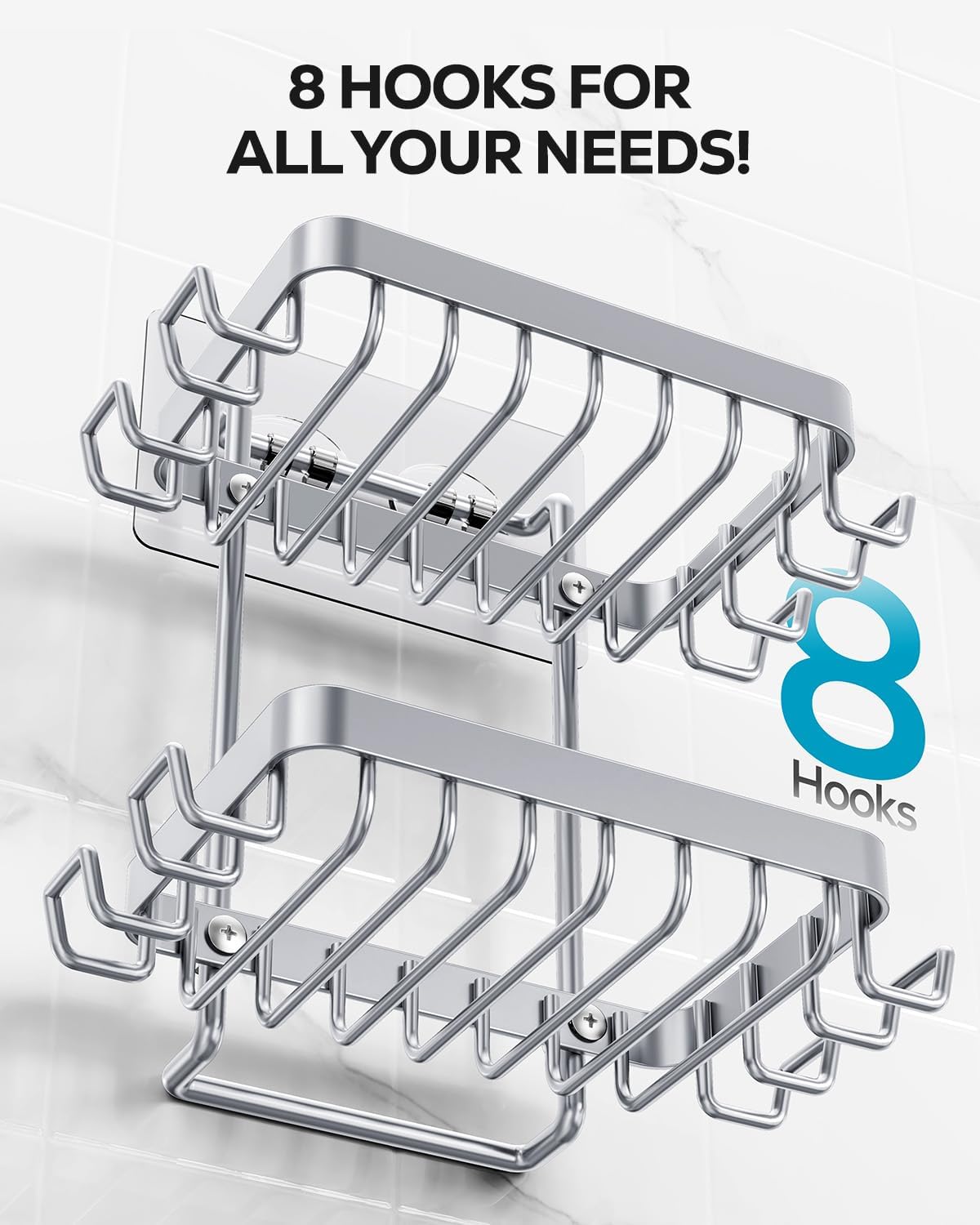 Nieifi Bar Soap Holder, Adhesive Soap Dish for Bathroom Shower Wall | Stainless steel, 2 tier, razor holders, 8 hooks, bathtub, kitchen sink, wall mounted, no drilling, counter, black