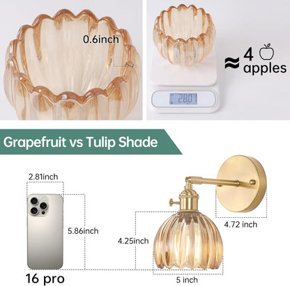 Shenmoyl Vintage Battery Operated Wall Sconce with Transparent Tulip Glass Lampshade Rechargeable Battery Powered Wall Light with Remote Control for Bedside Bedroom Doorway, Set of 2