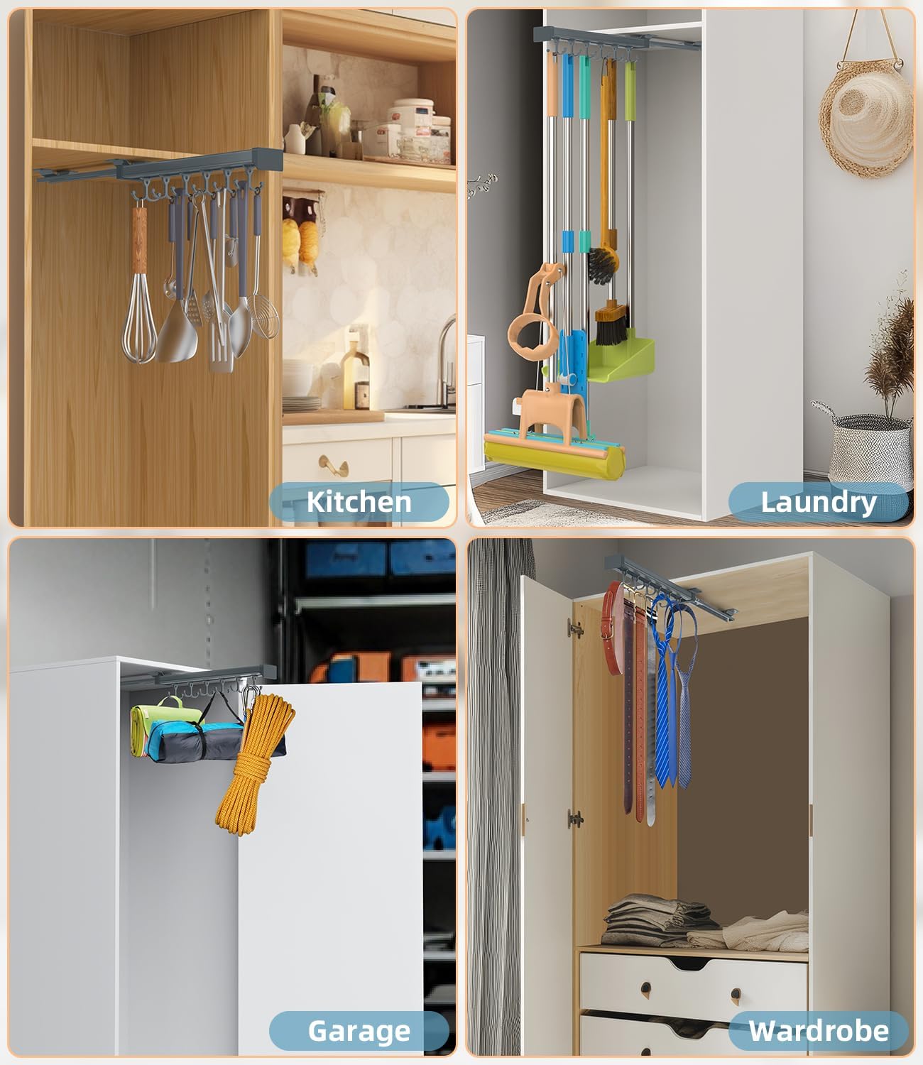 Pull Out Broom Holder, Multifunctional Slide Broom And Mop Storage/Organizer With Adjustable Double Row Sliding Hook, Garage Organization Hooks, for Closet Laundry - grey - 36cm/14.17inch