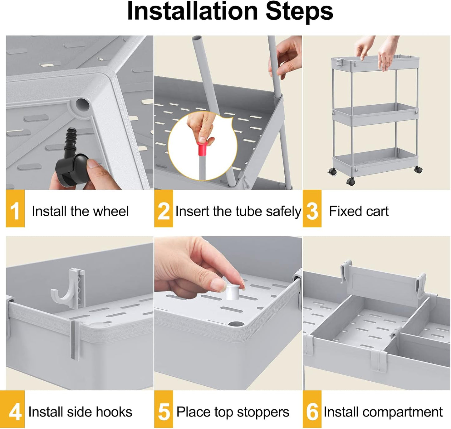 SPACELEAD 3 Tier Rolling Cart with Wheels, Storage Craft Art Trolley Organizer Serving, 3 Hanging Baskets Easy Assembly, for Office, Bathroom，Living Room, Kitchen, White