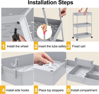 SPACELEAD 3 Tier Rolling Cart with Wheels, Storage Craft Art Trolley Organizer Serving, 3 Hanging Baskets Easy Assembly, for Office, Bathroom，Living Room, Kitchen, White